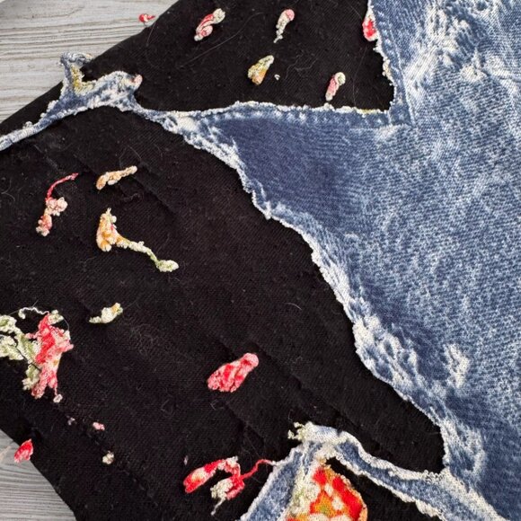 Tempo Paris Boho Patchwork Bell Sleeve Top Black Denim Print Floral Y2K Retro M - Picture 3 of 4